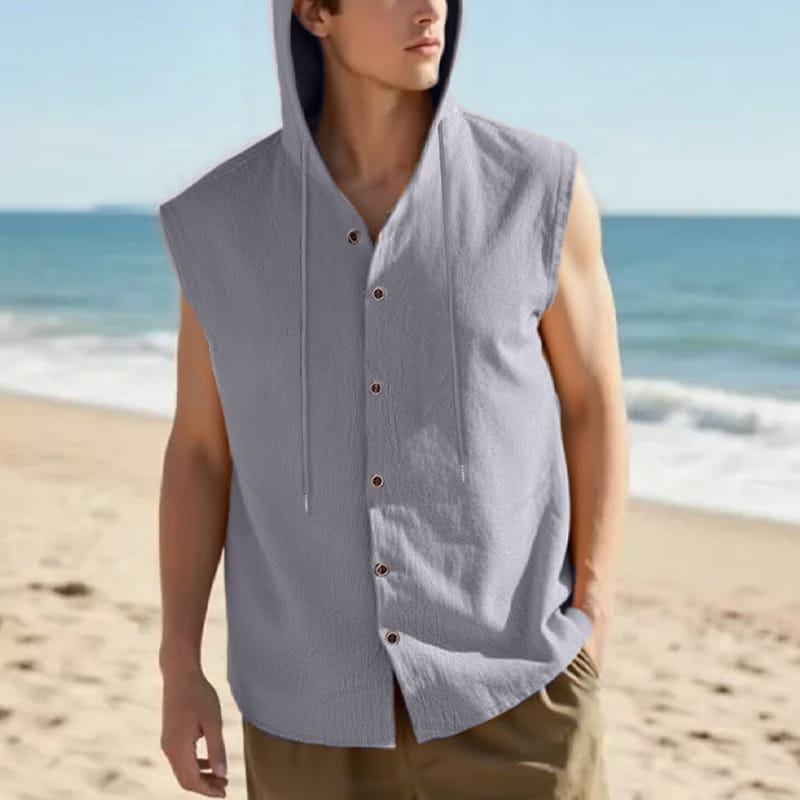 men’s light gray linen blend sleeveless hoodie with button-front design and drawstring hood.