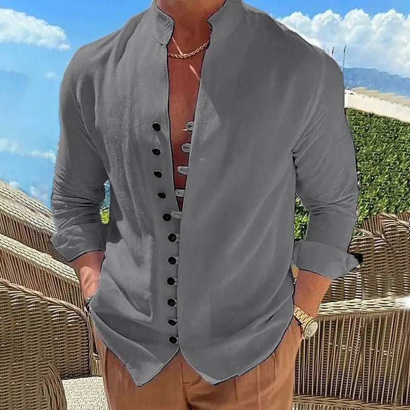 gray mandarin collar linen blend wrinkle resistant casual shirt with black buttons and button-up front