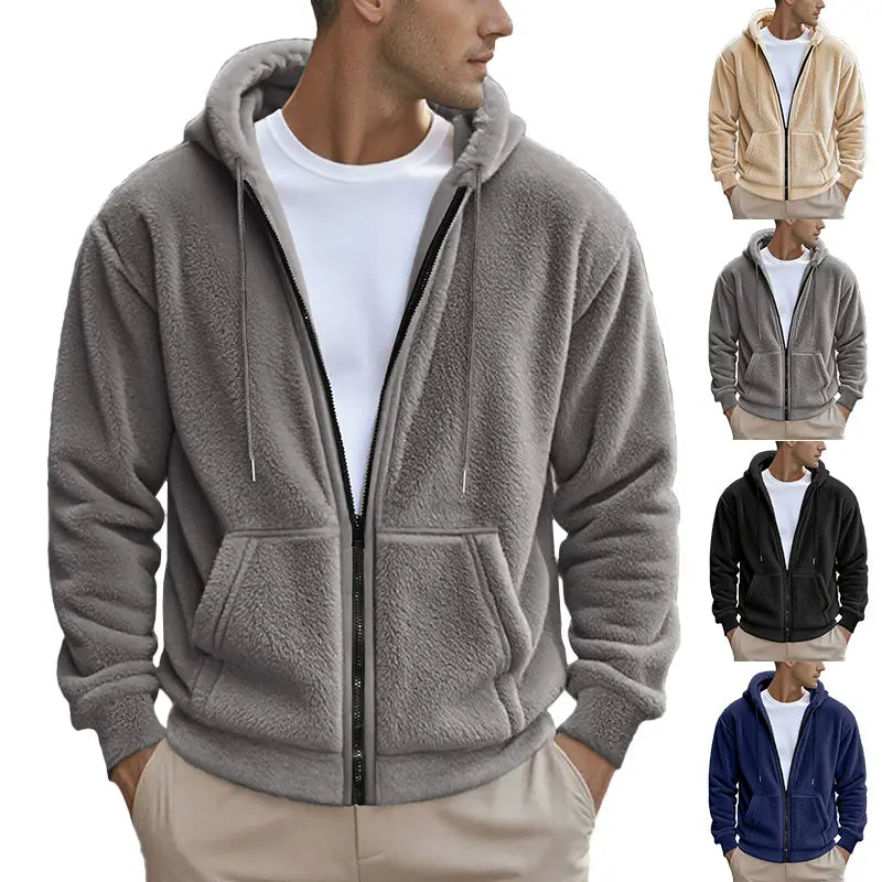 Men’s fleece lined loose zip up hooded jacket in gray with a soft plush fleece lining and matching drawstrings.