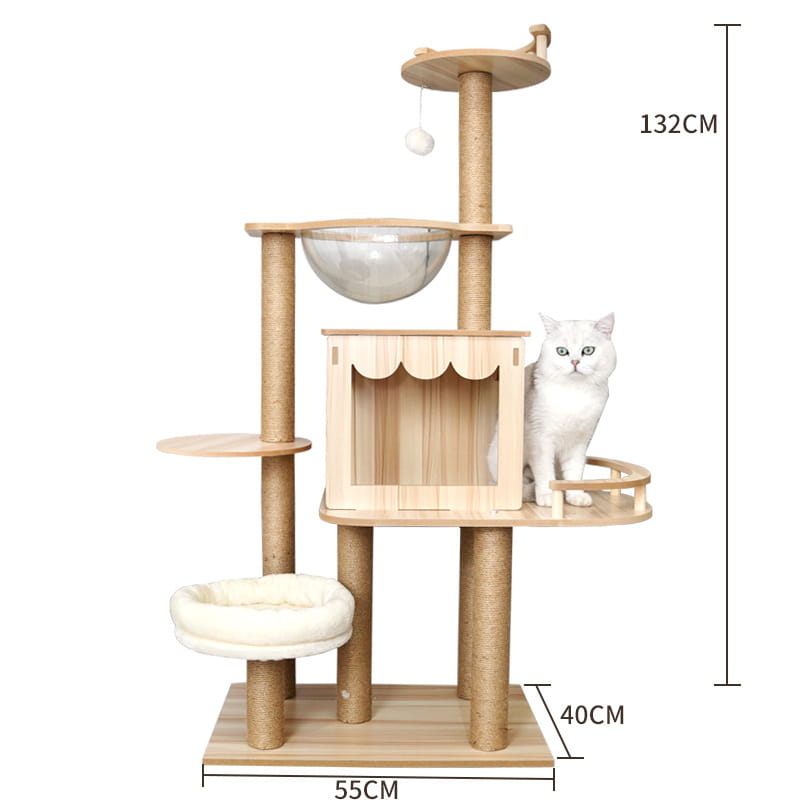 A multi-level wooden cat tree scratching post and condo with a light natural wood finish featuring sisal rope scratching posts, platforms, a glass-domed hideaway, and a cream-colored cushioned bed.
