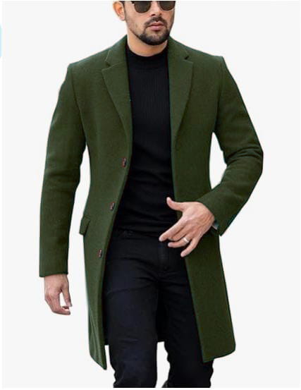 Olive green wool men woolen overcoat with classic notched lapels and front buttons designed as a single breasted winter jacket.