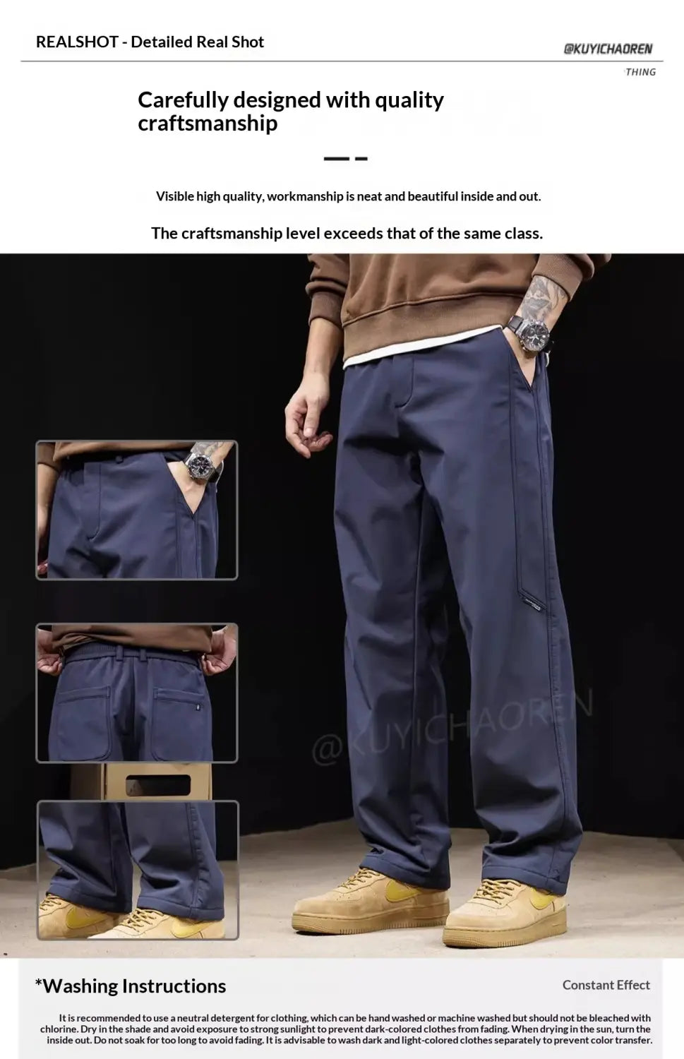 Marineblaue Herren-Cargohose im japanischen Retro-Stil mit mehreren Taschen und entspannter Passform.