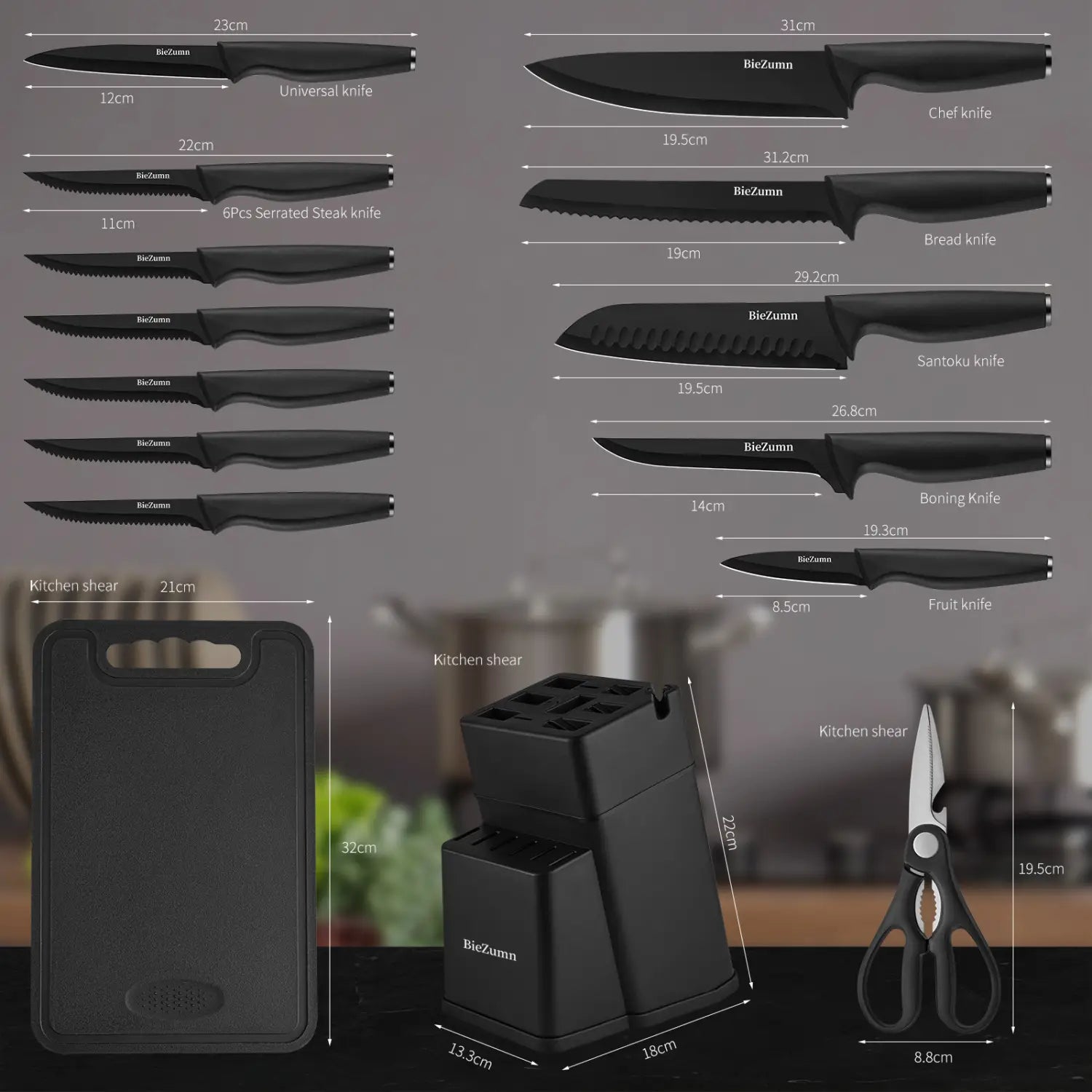 black biezumm stainless steel kitchen knife set featuring 15 pieces with chef bread and santoku knives and sleek black handles in a wooden block