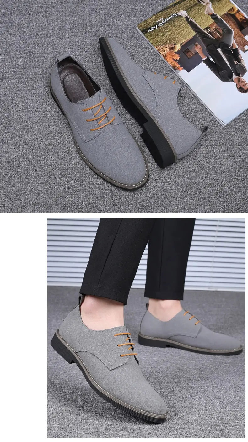 Men’s plus size British style gray suede casual Oxford dress shoes with tan laces and black rubber soles.