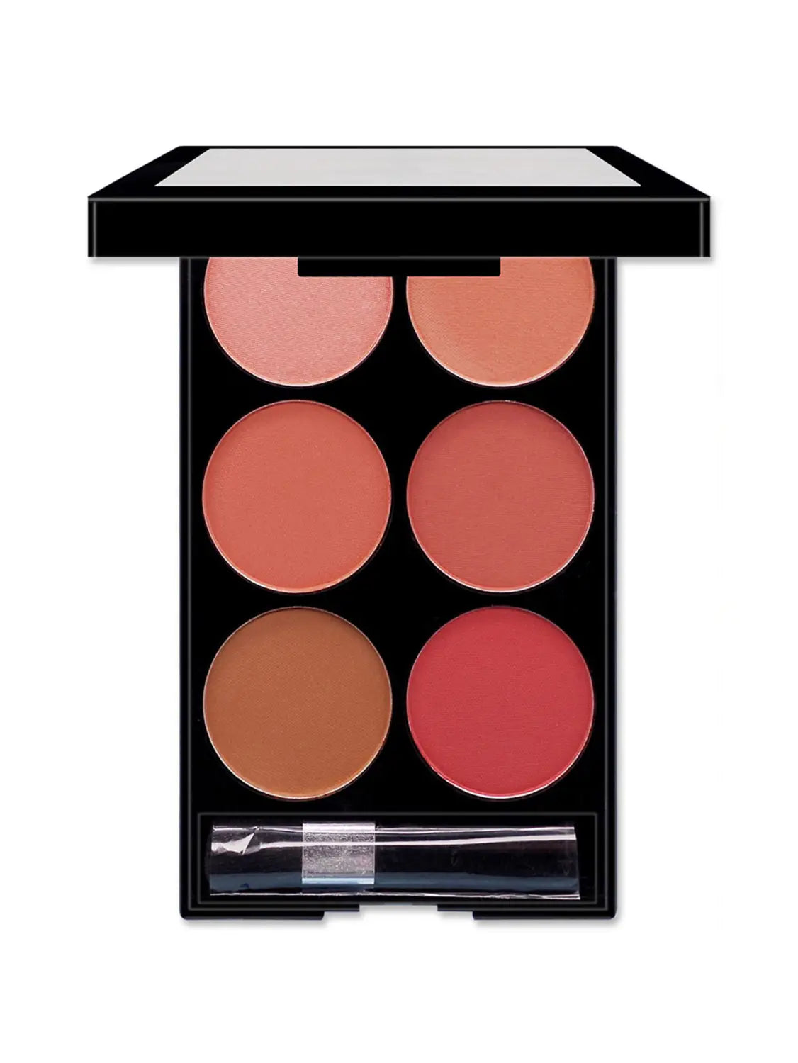 Palette compacte de fard à joues noir en six couleurs, composée de six godets circulaires aux tons pêche corail et rose disposés en grille 3×2 pour le kit de contour du visage en V.