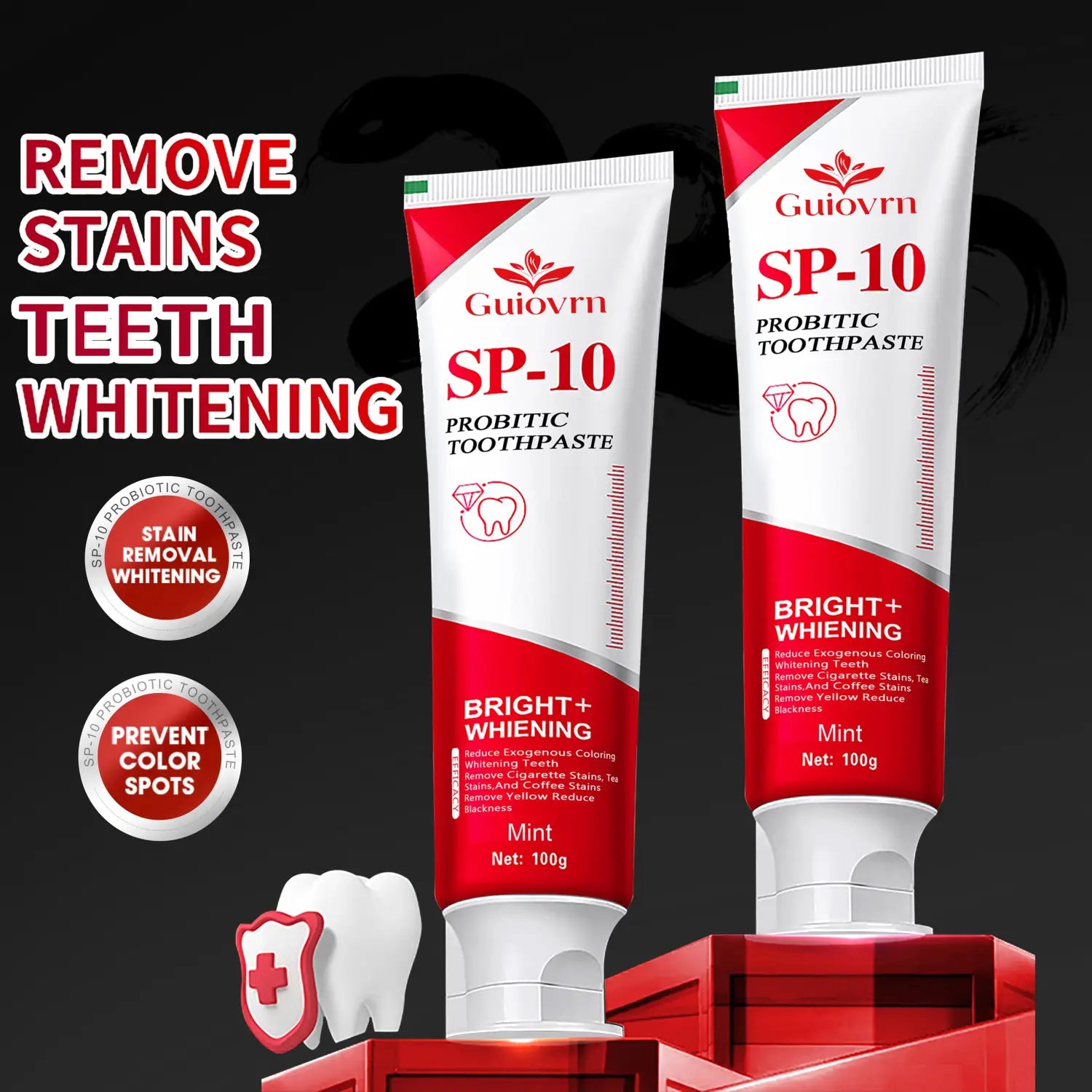 Two tubes of guiovrn sp-10 probiotic whitening toothpaste in white and red packaging with mint flavor in a 100g 2 pack.