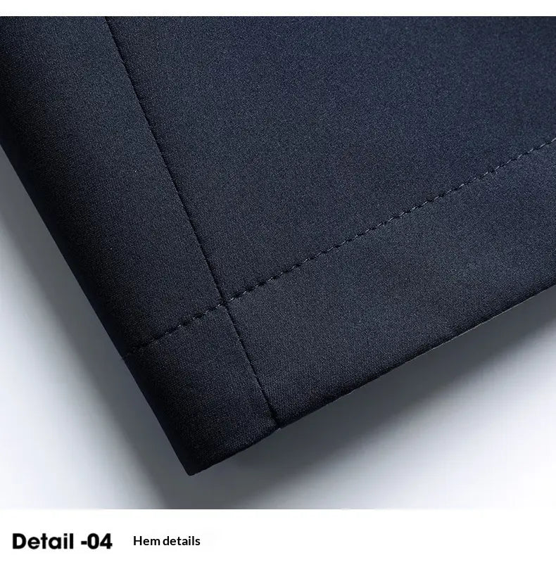 Men casual business stand collar jacket dark navy fabric with neat precise stitching along the hem