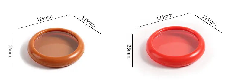 Deux couvercles circulaires en silicone de 125 mm de diamètre et 25 mm de hauteur, de couleur brun mat, avec un centre transparent, et un couvercle vibrant rouge avec un milieu transparent pour un coffret de rangement alimentaire pour conservation fraîche (4 pièces).