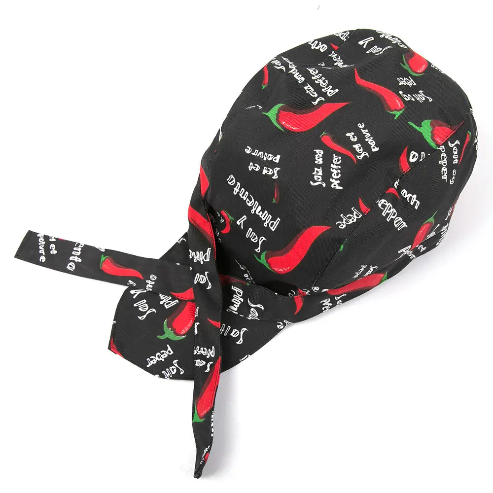 black chili pepper-themed bandana with red peppers and white text designed as part of a chef hat adjustable kitchen work cap multi pack.
