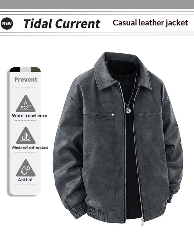 Dark gray casual leather jacket with a classic collar and front zipper designed as a mens vintage suede bomber jacket slim fit.