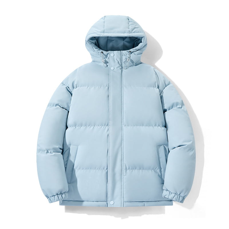 Chaqueta acolchada con capucha para mujer en color azul claro con diseño acolchado y cálido, y capucha protectora.