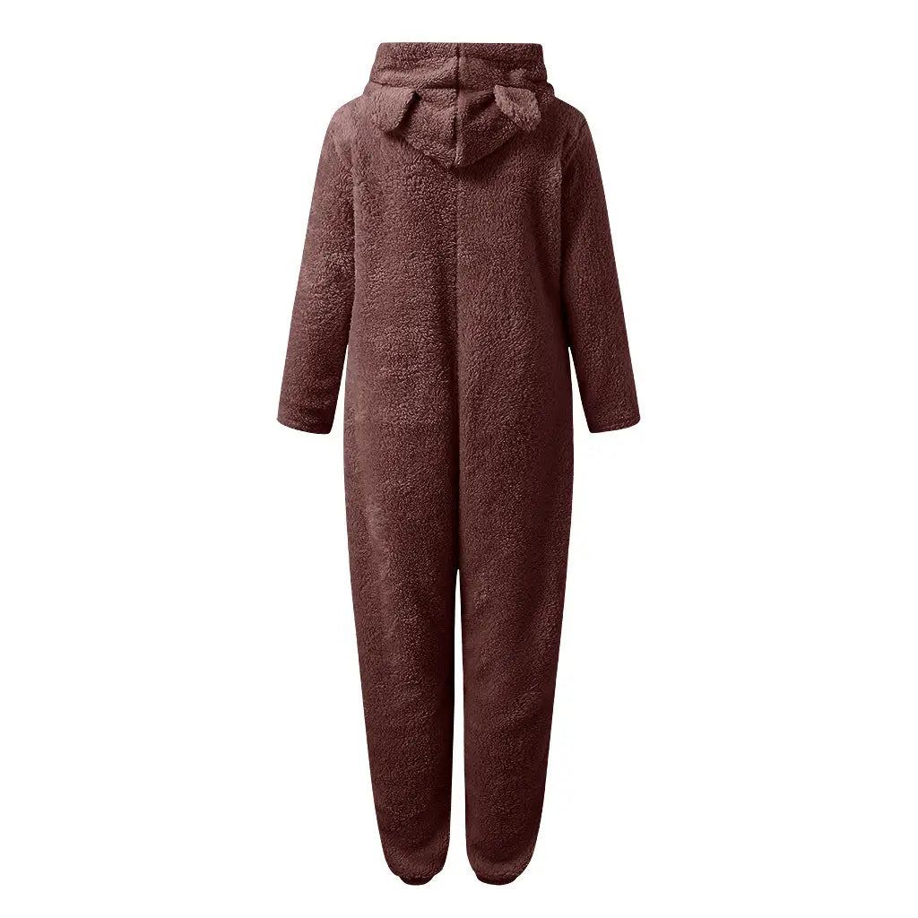 Pijamas tipo mono de forro polar suave marrón con capucha con orejas de gato, elaborados con tejido suave con textura y acabado esponjoso y acogedor.