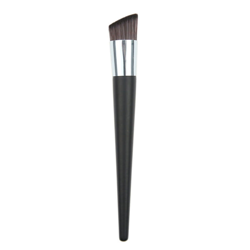 Black angled foundation brush with wooden tapered handle and silver ferrule holding dark brown bristles for precise makeup application.