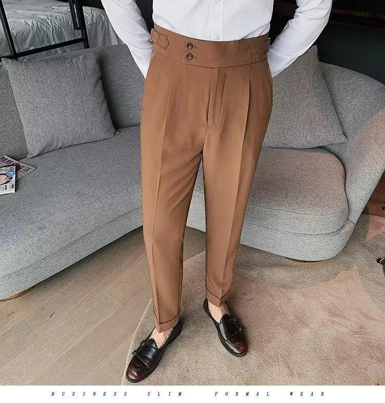 Tan high-waisted slim-fit Korean style men trousers with a structured waistband and button details
