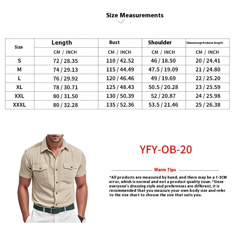 Khaki loose corduroy short sleeve workwear shirt with a collar and two chest pockets.