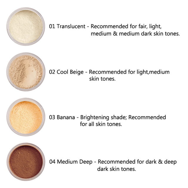four translucent round phoera setting powder oil control matte finish compacts in shades 01 translucent off-white 02 cool beige light beige 03 banana warm yellow-beige and 04 medium deep rich brown