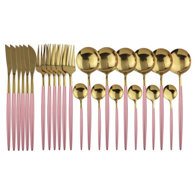Gold and pink two-tone stainless steel flatware set with sleek modern design featuring 24 pieces of gold stainless steel cutlery.