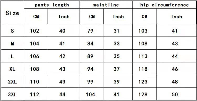 Size chart for men digital print casual suit set pants displaying measurements in centimeters and inches across sizes S through 3XL.