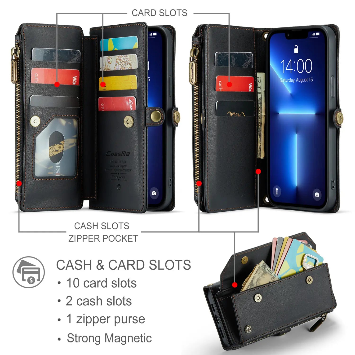 Black leather wallet phone case with multiple card slots cash pockets and a zipper compartment featuring a removable wrist strap.