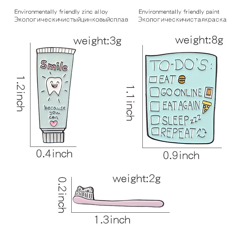 Light blue enamel toothpaste smile brooch featuring a smiling tooth graphic and pink lettering designed as a cartoon tooth enamel pin.
