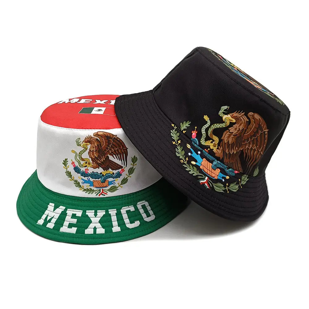 two mexican flag bucket hats with embroidered eagle emblem and mexico lettering on the brim in red white and green and solid black for sun protection