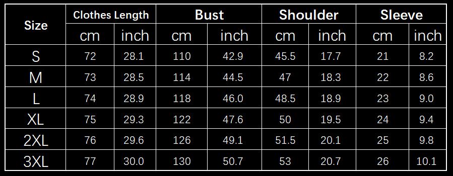 The table displays size measurements in centimeters and inches for a men’s casual short sleeve linen blend summer shirt across sizes small to 3XL, detailing clothes length, bust, shoulder, and sleeve dimensions.