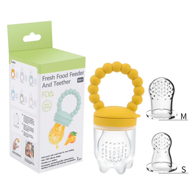Gelbes Silikon-Baby-Obstfüttergerät und Teether-Schnuller-Set mit transparentem Kunststoffkörper und einer strukturierten Zahnfläche für sicheres Füttern und Beruhigung von Säuglingen.