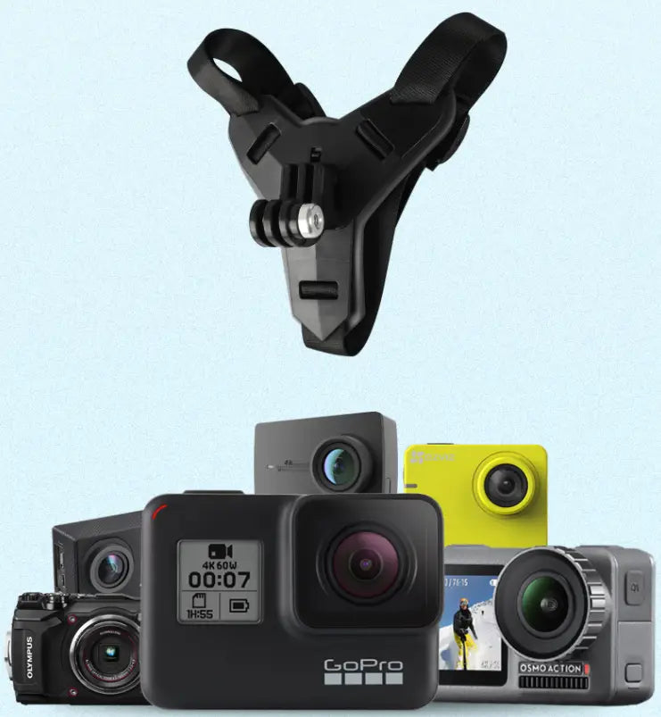Black GoPro helmet chin mount with adjustable straps and central mounting plate compatible with DJI Hero 7 6 5 shown from the back side.