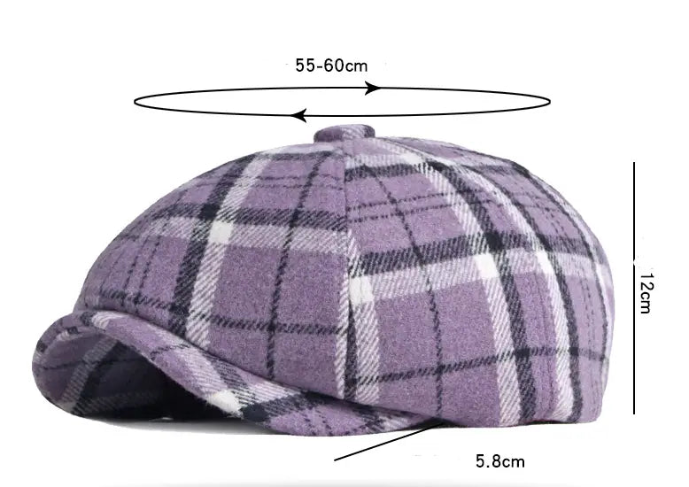 Plaid woolen octagonal hat for women featuring a purple and black plaid flat cap with a structured eight-panel design.