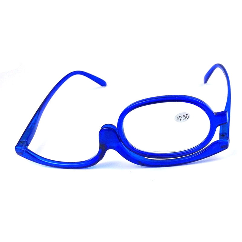 Blue plastic makeup reading glasses with sleek modern design and clear lenses marked plus 2.50 strength variety pack