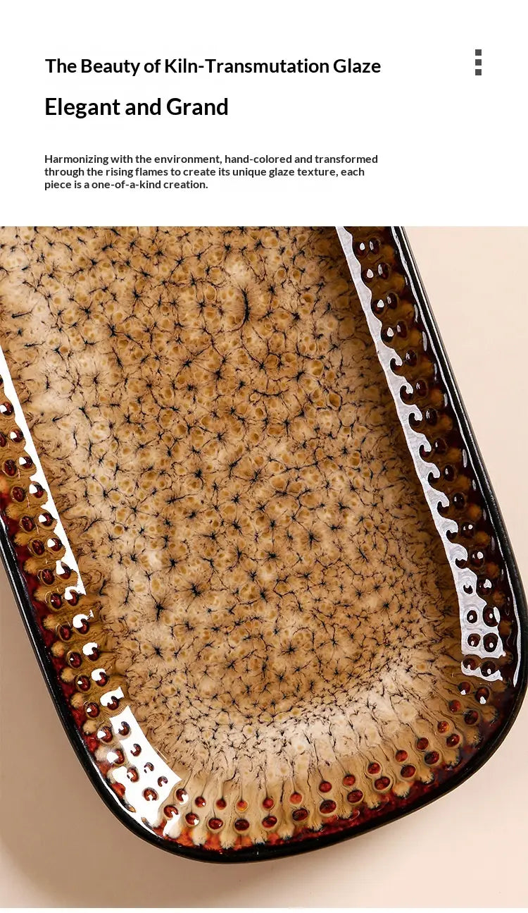 Elegant rectangular ceramic serving tray 12.5 inch brown gradient platter featuring a hand-colored kiln-transmutation glaze with a textured crackled surface and glossy black edges accented by small bead-like embellishments.