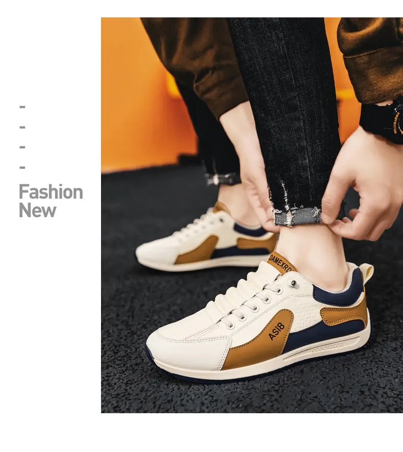 white tan and navy blue men’s casual sports sneakers with a sleek design made of non-slip microfiber shoes