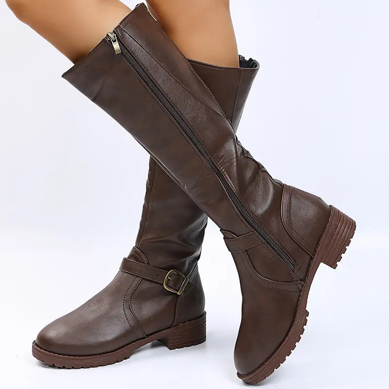 brown leather knee high knight boots with buckle strap and zipper closure shown from the front side