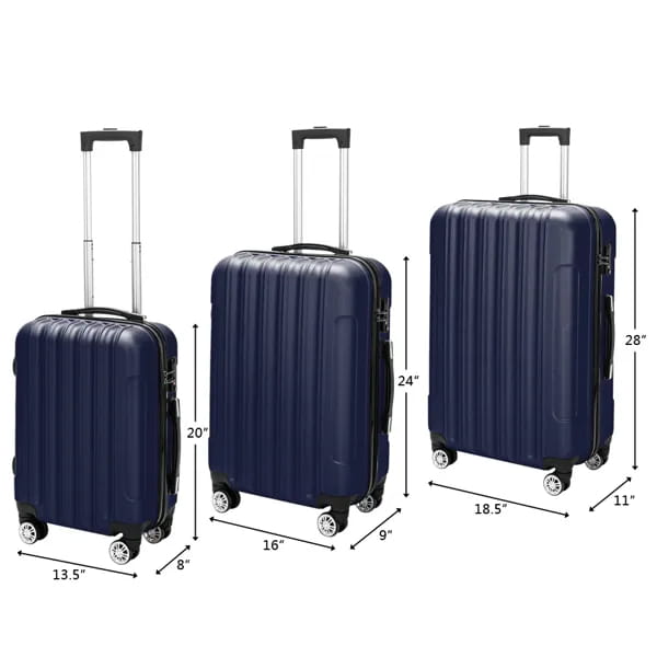 Set of three navy blue hard shell spinner suitcases featuring ribbed texture and durable construction for convenient travel.