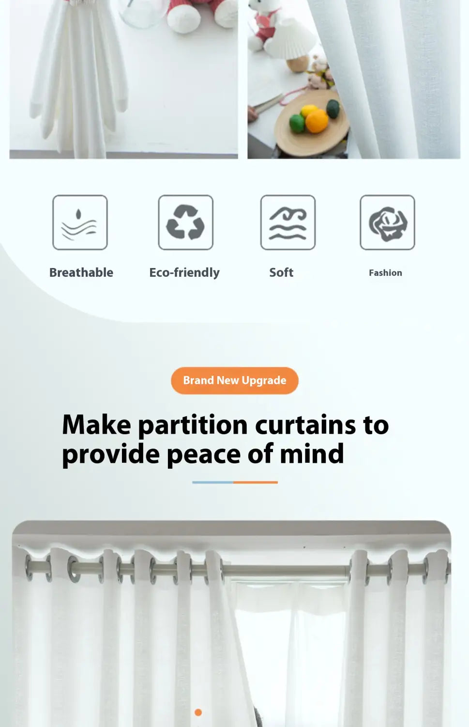 White textured sunscreen linen partition curtains made of soft breathable fabric for home use.