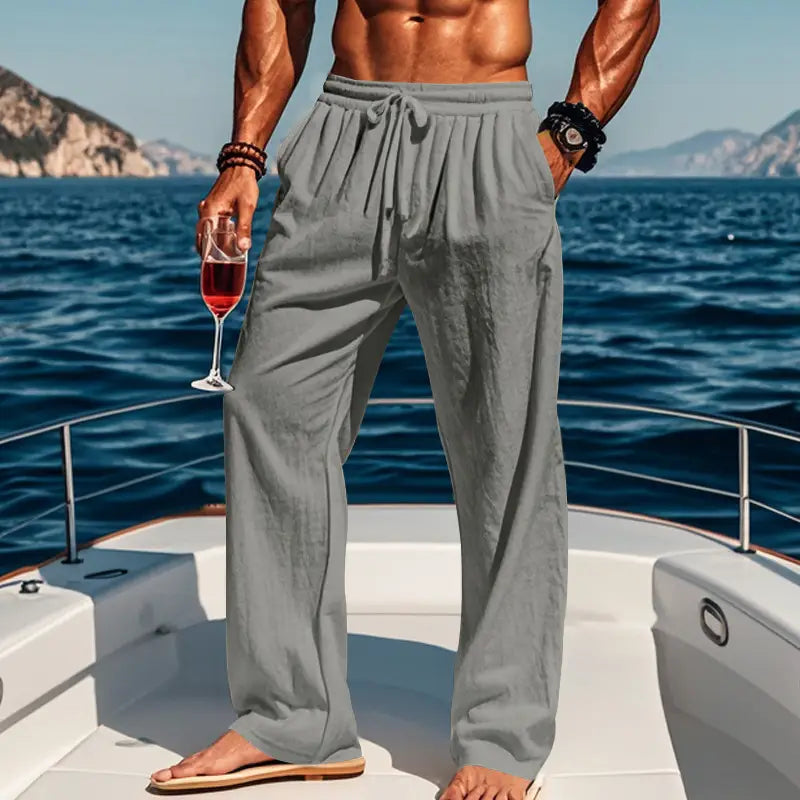 Men’s linen joggers casual drawstring pants in gray linen with a relaxed loose fit.