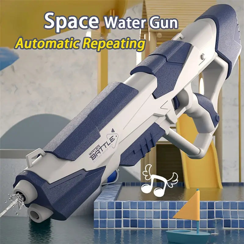 Blue and white plastic electric water gun with automatic glock design and 358ml capacity for kids.