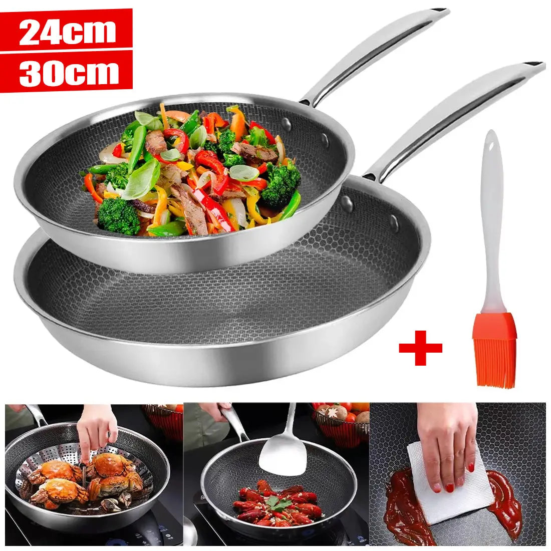 Set of two stainless steel hex non-stick frying pans with honeycomb textured interior in 24cm and 30cm sizes suitable for induction cooking