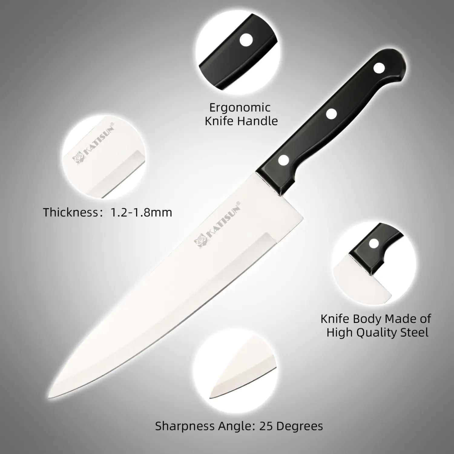 Cuchillo de chef de acero alemán con mango negro y hoja de acero inoxidable elegante, con el logotipo de la marca katsun y un ángulo de afilado preciso de 25 grados, perteneciente a un set de 19 piezas con bloque de afilador.