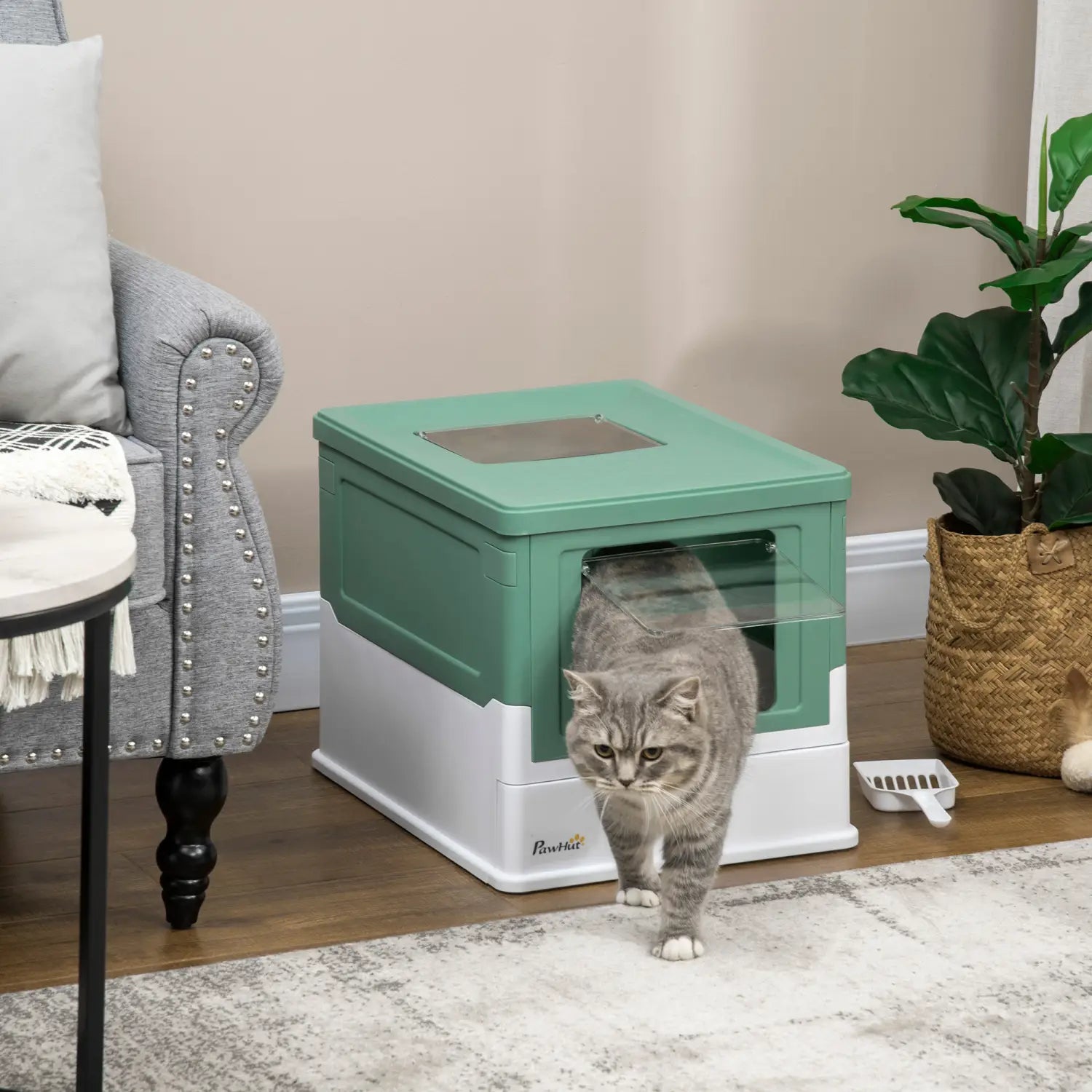 Pawhut-Geschlossene Katzenstreu-Box aus zweifarbigem Kunststoff in Mintgrün und Weiß mit klarem Einsatz/Paneel im oberen Bereich sowie einem mitgelieferten Schöpfer für eine bequeme Verwendung.