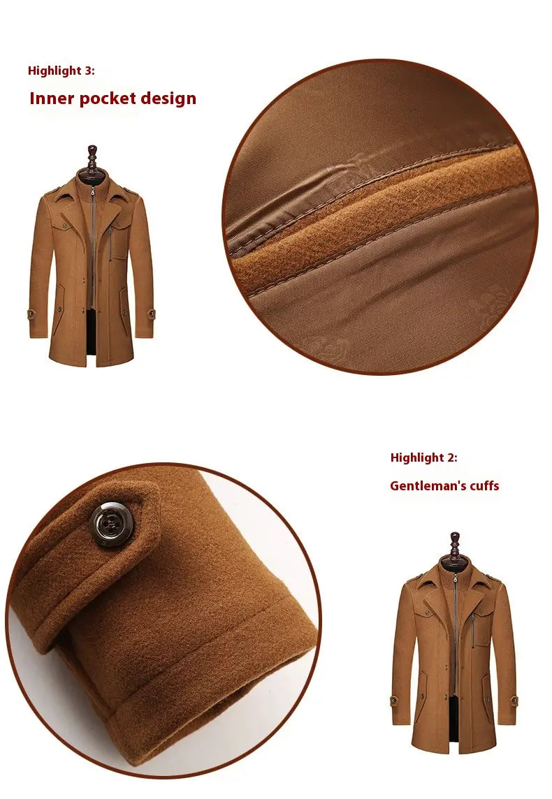 Tan woolen men’s overcoat with a classic collar buttoned cuffs and inner pocket detailing featured in men woolen coat zipper trench jacket product.