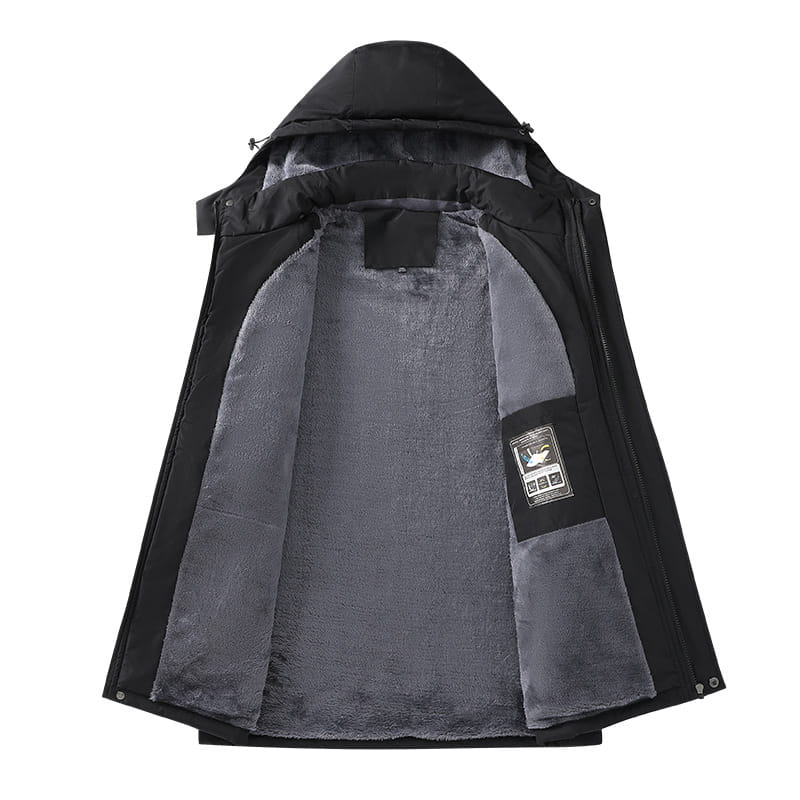 Men plus size warm winter hooded jacket in black with plush gray fleece lining and a small branded patch on the inner pocket.