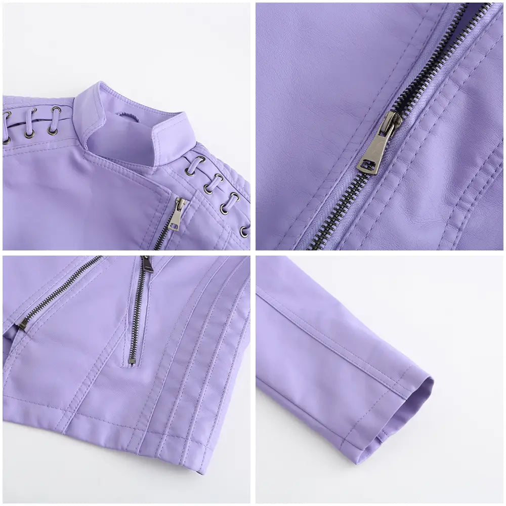 Damen-Faux-Leder-Motorradjacke im Slim Fit als Mantel in Lavendel mit silberfarbenen Reißverschlüssen und Schnür-Details am Kragen.