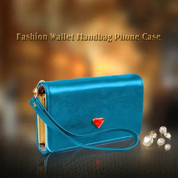 Teal slim metallic pu leather wristlet wallet and card holder handbag phone case with red triangular logo and gold tone hardware.