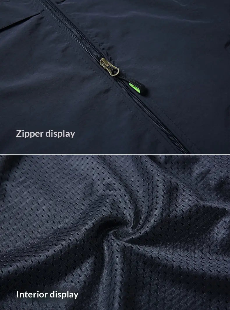 Men multi pocket fishing vest in dark navy with a black zipper and green pull tab featuring breathable mesh lining.