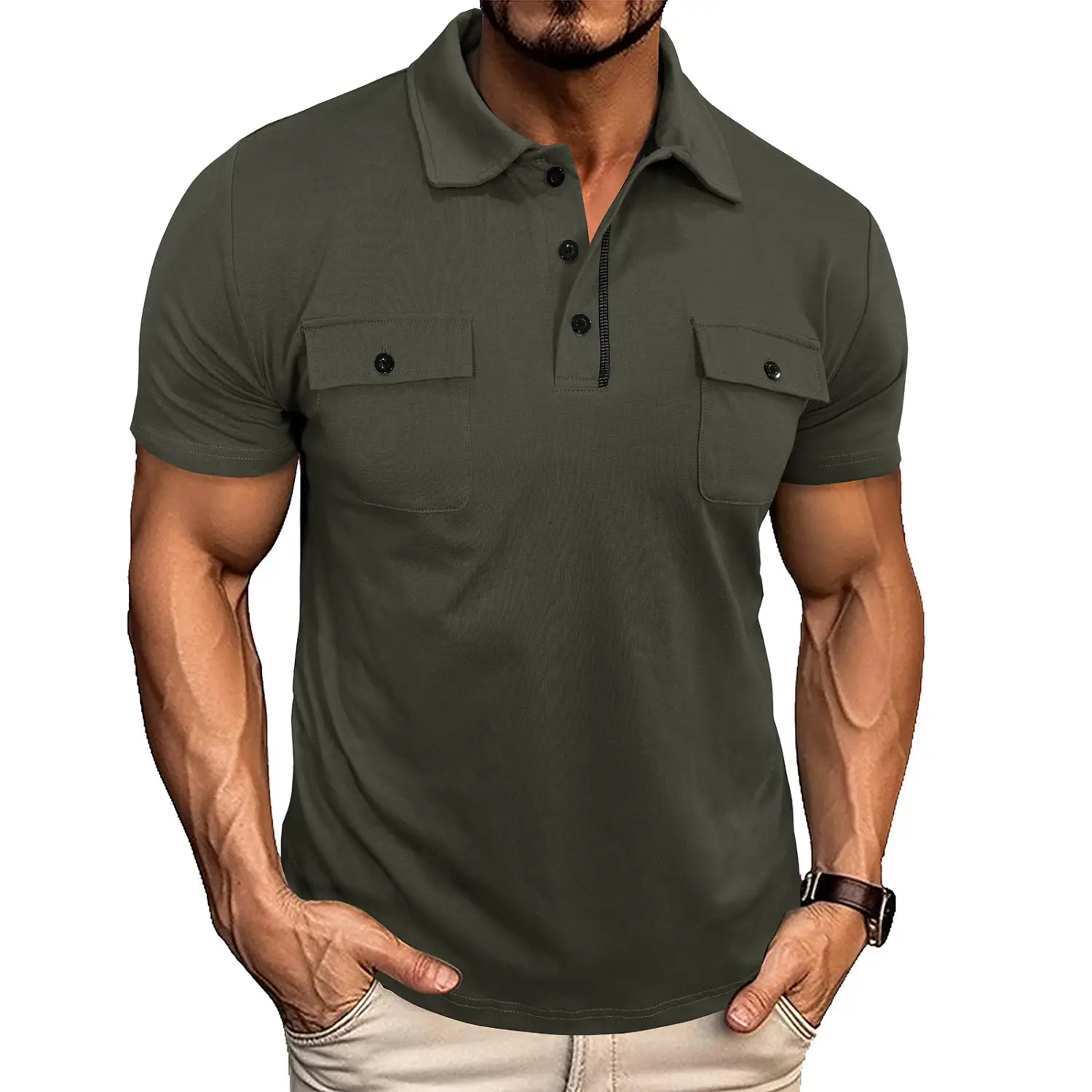 Olive green men’s dual pocket short sleeve cotton blend polo shirt with black buttons and two chest pockets.