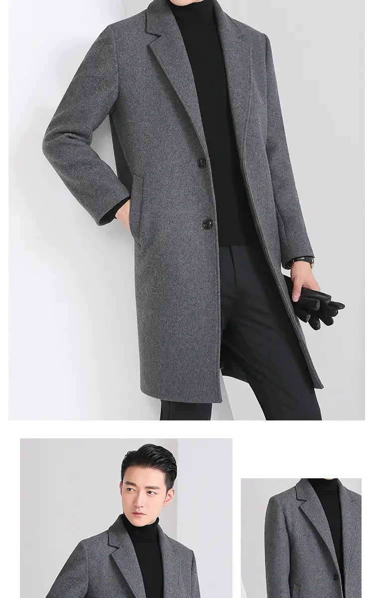 Manteau long coréen en laine gris charbon à coupe ajustée, avec un design classique à double boutonnage et des revers à encoche.