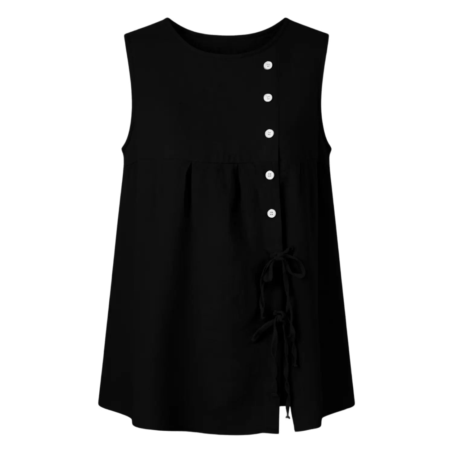 black sleeveless tie side button down blouse with round neckline featuring five white buttons and a tied bow detail on one side