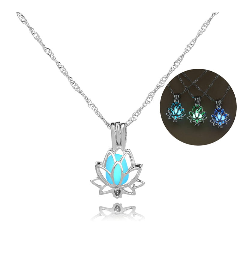 Silver lotus-shaped pendant necklace with intricate petal design and glowing blue center attached to a delicate silver chain from the luminous lotus flower glow pendant necklace collection.