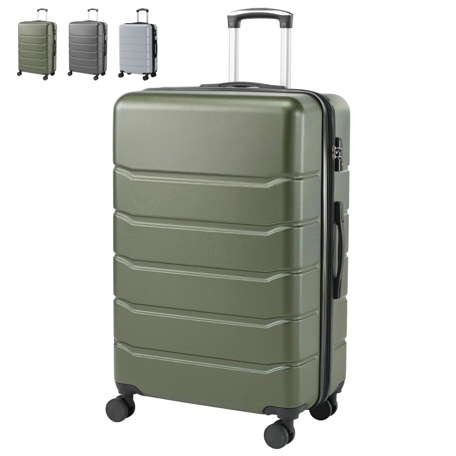 Olive green abs spinner luggage expandable hard shell suitcase with a sleek ribbed design and four spinner wheels.